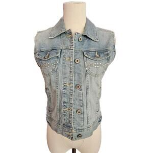 Women’s Light Blue Stretch Denim Jean Vest Rhinestone Small‎ XS
